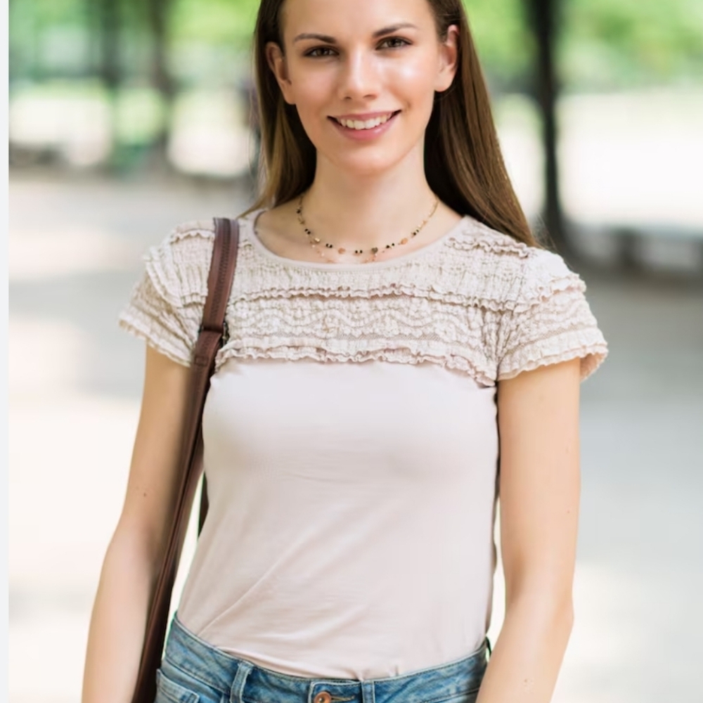 H&M Short Sleeve T-Shirt with Lace Yoke/Shoulders - Beige/Cream Color - size S